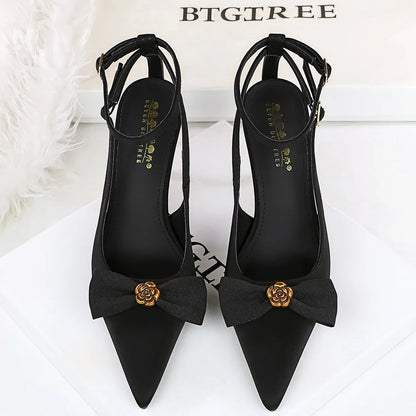BIGTREE Shoes High-Heeled Sandals Women Pumps Metal Flower High Heels Women Stiletto 8 cm Bowknot Women Sandals Summer Shoes