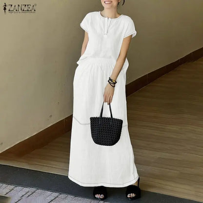 ZANZEA Summer 2 Piece Sets Elegant Women Short Sleeve Blouse Dress Sets Stylish Solid OL Work Outfits Casual Holiday Skirt Suit
