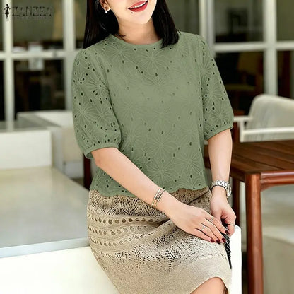 ZANZEA Woman Openwork Embrodiered Blouses Casual O-Neck Short Puff Sleeve Solid Color Tops 2026 Summer Patchwork Blusas de Mujer
