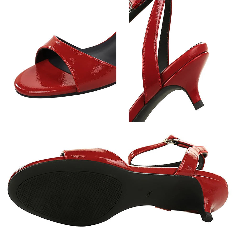 BIGTREE Shoes Open-toe Mid-heel Women Shoes Patent Leather Women Pumps Sexy Women Heels Stiletto 4 cm Buckle Summer Sandals