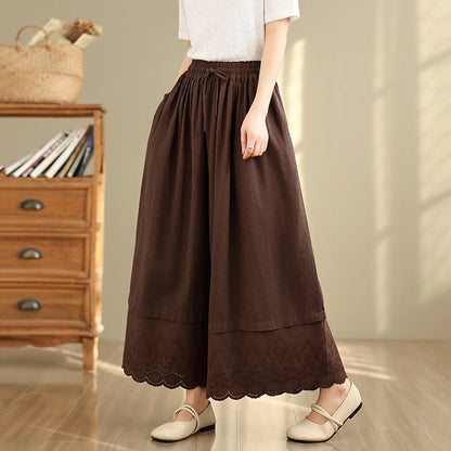 Spring Summer Lace Splicing  Color Wide Leg Pants Elastic Waist Casual Trousers Nine Points Pants Loose Fit Ladies Jeans