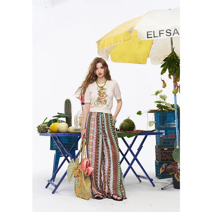 ELFSACK Women's Full Printed Wide Leg Pants with Elastic Waist, Cartoon Fruit Floral Print Loose Trousers for Daily