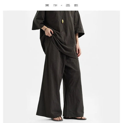 100% Slub Cotton~Women's Matching Sets Short-Sleeved T-Shirt and Flared Pants Two-Piece Loungewear Set 2026 Summer