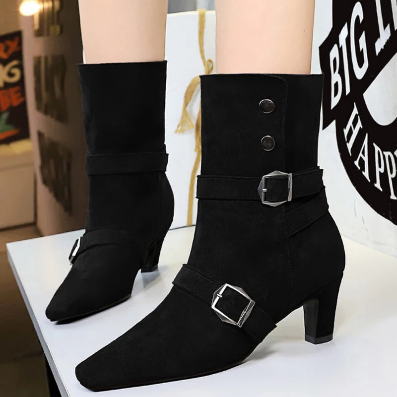 BIGTREE Shoes New Belt Buckle Design Women Boots Suede Retro Women's Ankle Boots Square Head Short Boots Middle Heel Boots