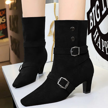 BIGTREE Shoes New Belt Buckle Design Women Boots Suede Retro Women's Ankle Boots Square Head Short Boots Middle Heel Boots