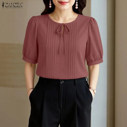 ZANZEA Elegant Solid Color Woman Blouses Lace Up O-Neck Short Puff Sleeve Pintuck Detail Women's Tops Summer Casual Blusas