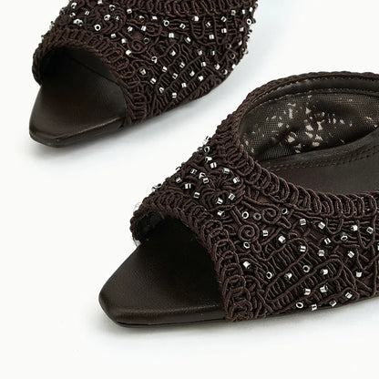 Brown Woven Mesh Women's Slippers Sexy Peep-Toe High Heels for Ladies Luxury Rhinestone Decoration Mules Sandals Elegant Shoes