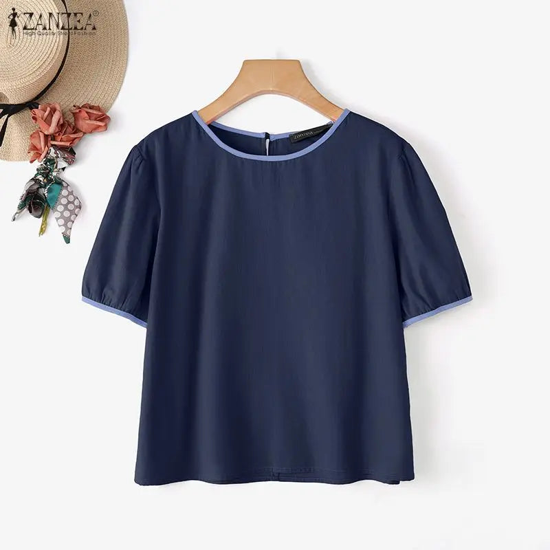 ZANZEA Women Summer Blouse Short Puff Sleeve Patchwork Casual O Neck Fashion Blusas OL Work Tops Oversize Tunic Streetwear