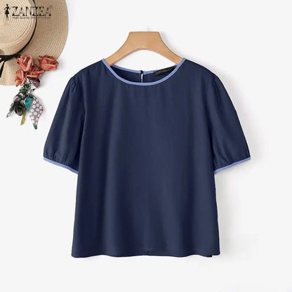 ZANZEA Women Summer Blouse Short Puff Sleeve Patchwork Casual O Neck Fashion Blusas OL Work Tops Oversize Tunic Streetwear