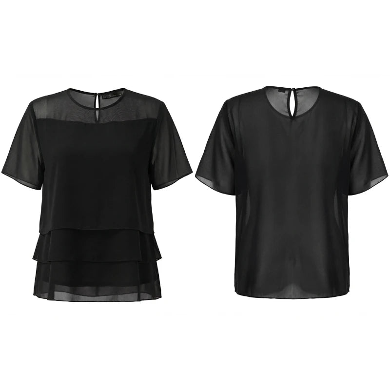 ZANZEA Women's Chiffon Sheer Blouses Elegant O-Neck Short Sleeve Layered Design Pullover Tops Classy Solid Color Blusas de Mujer