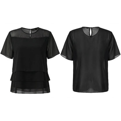 ZANZEA Women's Chiffon Sheer Blouses Elegant O-Neck Short Sleeve Layered Design Pullover Tops Classy Solid Color Blusas de Mujer