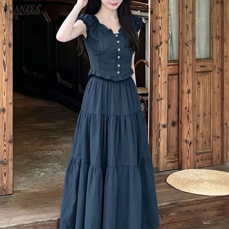 ZANZEA Women's Korean Fashion Skirt Suits Ruffles Trim Sleeveless Top & A-Line Maxi Skirt 2 Piece Sets Casual Elegant Outfits