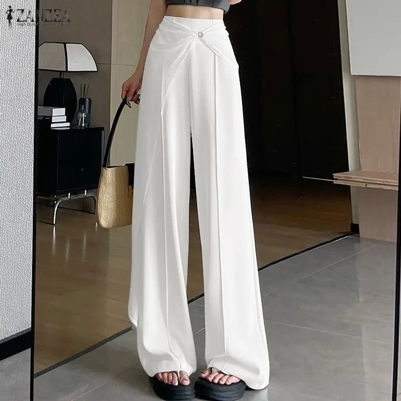 ZANZEA Women Pants Patchwork Summer Autumn Fashion Wide Leg Pants Solid Color Female Loose Bottoms Streetwear 3XL Oversize