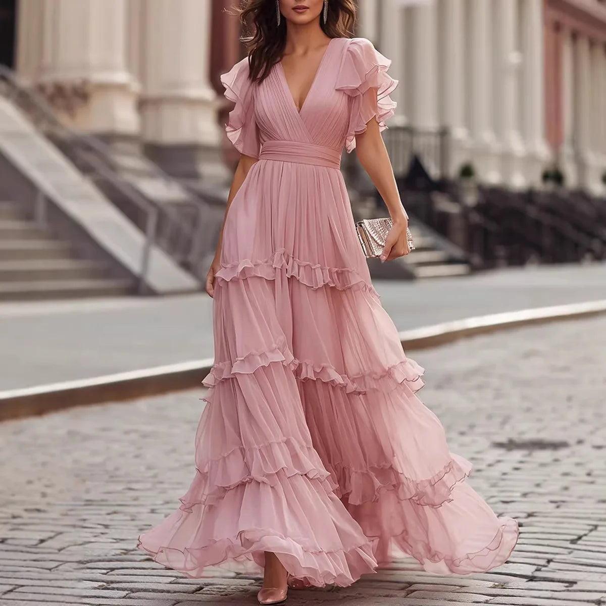 Women's Ruffled Tiered Maxi Dress V-Neck Short Flutter Sleeve Flowy Chiffon Gown Elegant Chic Boho Sexy Wrap Waist Summer Dress
