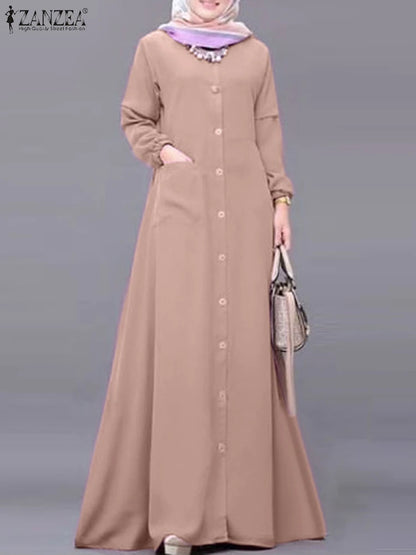 Women Autumn Muslim Dress ZANZEA Turkey Abaya Dubai Robe Elegant Long Sleeve Buttons Down Maxi Vestidos Kaftan IsIamic Clothing