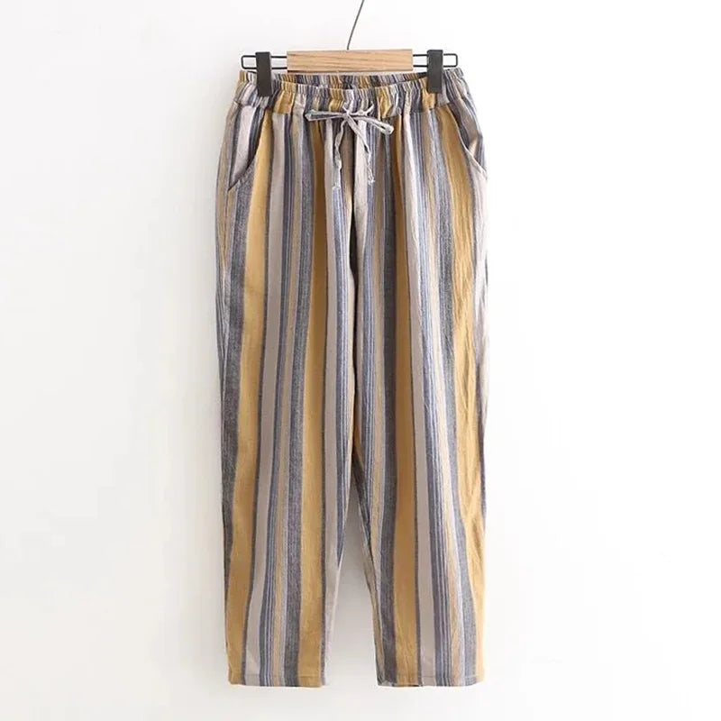 Striped Vintage Elastic High Waist Lace Up Cotton Linen Women's Pants Korean Fashion Wide Leg Ankle-Length Pants For Women 2024