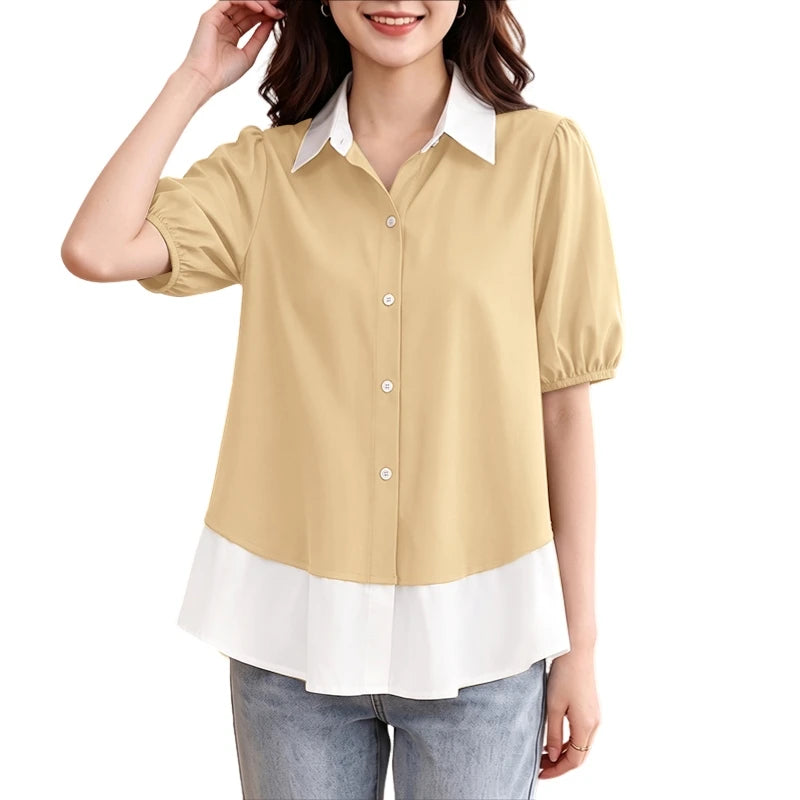 ZANZEA Woman Color-Block Shirts Elegant Lapel Puff Sleeves Button Up Peplum Blouses Summer Casual Daily Wear Chemises Femme 3XL