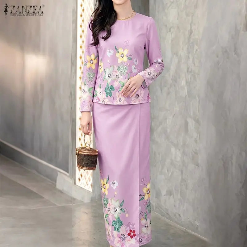 ZANZEA Women Elegant Floral Print 2 Pieces Skirt Sets Sophisticated Long Sleeve Blouses & Elastic Waist Maxi Skirts Co-ords Sets