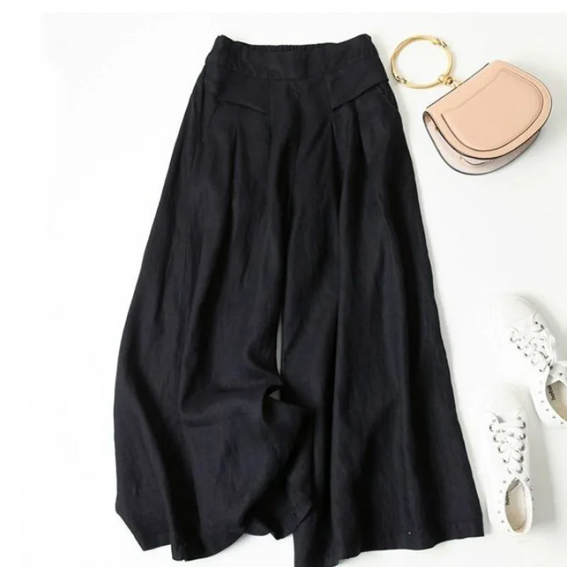 Y2K Lady Nine-point Pants Mid-rise Cotton Linen Wide-leg Large Size Trousers Loose Casual Commuting Daily Wear Tights Sweatpants