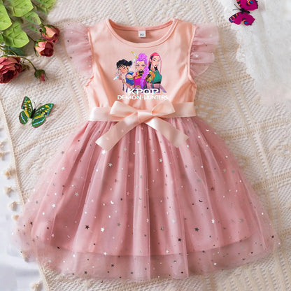 K-Pop Hunters Zoey Rumi Girls Sequin Tutu Dress with Bow Flutter Sleeves Summer Princess Party Outfit for Toddler Kids 2-6Y
