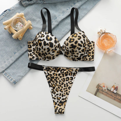 Sexy leopard print 2-piece set with gathered lifting and thickened steel support bra set for women's underwear B2051