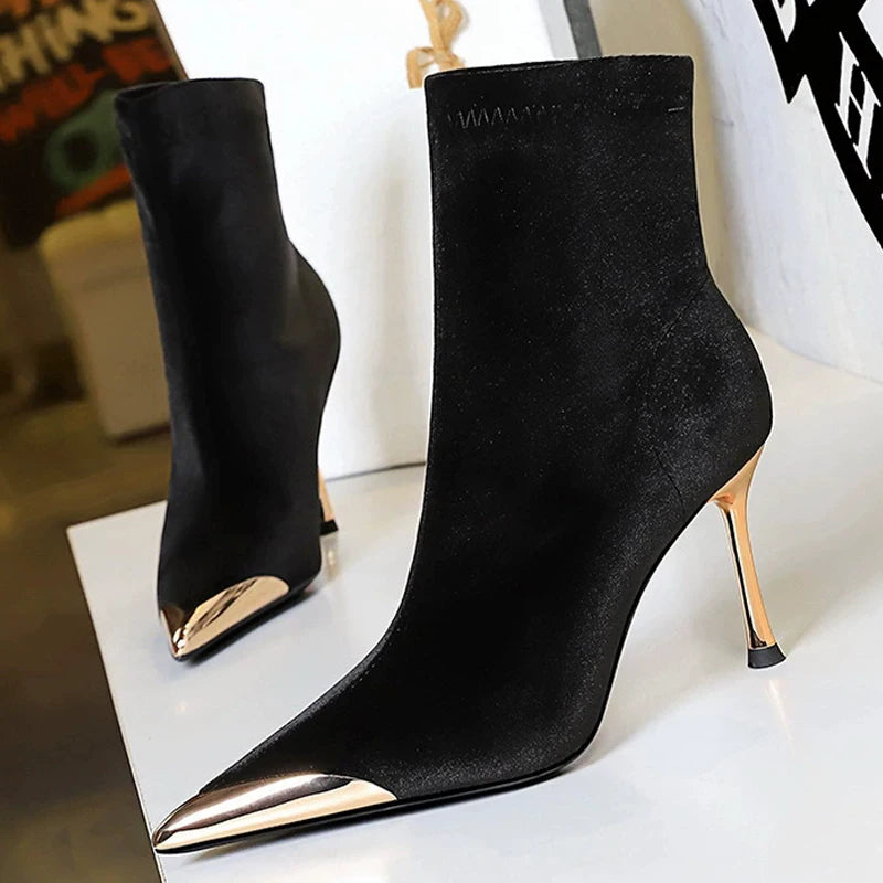 BIGTREE Shoes Metal Pointed Tip Women Boots Stilettos Heels 5 CM 8 CM Fashionable High-Heeled Boots Suede Ladies Ankle Boots