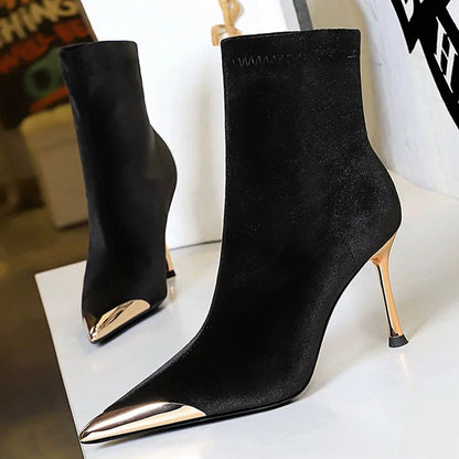 BIGTREE Shoes Metal Pointed Tip Women Boots Stilettos Heels 5 CM 8 CM Fashionable High-Heeled Boots Suede Ladies Ankle Boots