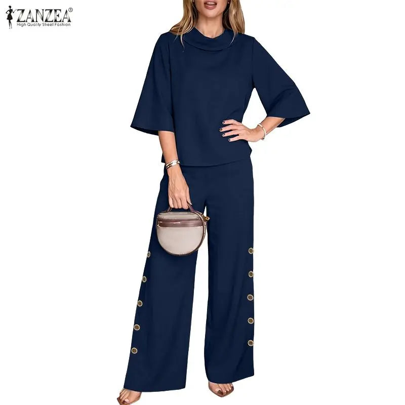 ZANZEA Women Casual Loose Pant Suits Wide Leg Pant & 3/4 Sleeve Blouse 2 Pieces Sets Summer Daily Solid Color Pant Sets Outfits