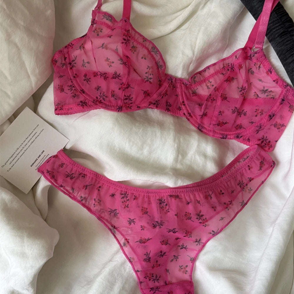 French Ultra Thin Lingerie Set Sexy Lace Floral Prints Bra Fashion Women Underwear Mesh Breathable Intimates Bras and Thong Sets