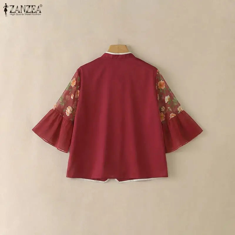 ZANZEA Chinese Style Woman Floral Chiffon Patchwork Sleeves Blouses Mandarin Collar Vintage Tops Summer Elegant Daily Wear Blusa