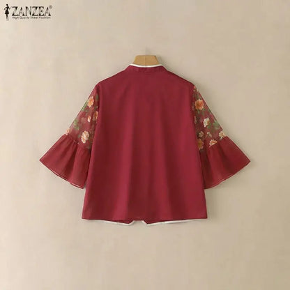 ZANZEA Chinese Style Woman Floral Chiffon Patchwork Sleeves Blouses Mandarin Collar Vintage Tops Summer Elegant Daily Wear Blusa