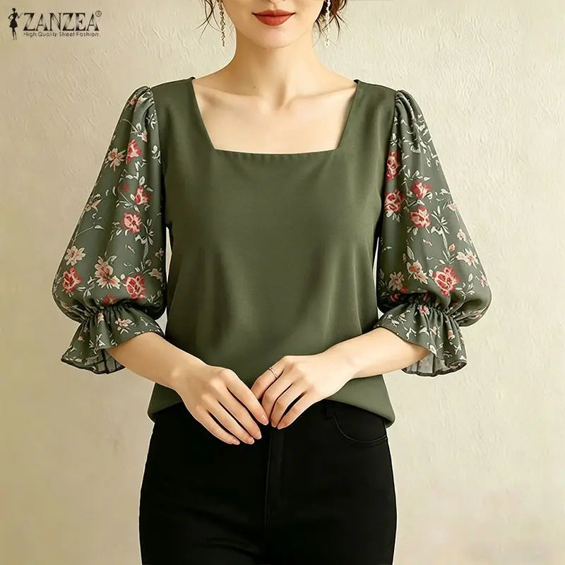 ZANZEA Women Elegant Floral Printed 3/4 Puff Sleeve Blouses Square Neck Patchwork Pullover Tops Summer Casual Blusas de Mujer