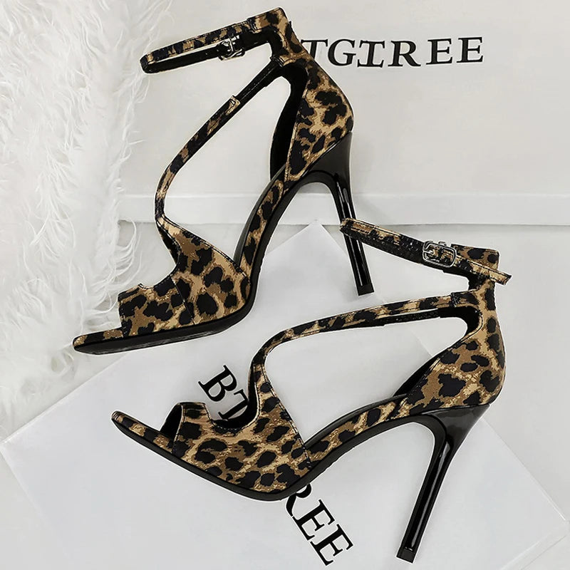 BIGTREE Shoes Leopard Print Heeled Sandals Women Summer Shoes Stiletto Heels 10.5 cm Sexy Party Shoes Hollow Out Lady Sandals
