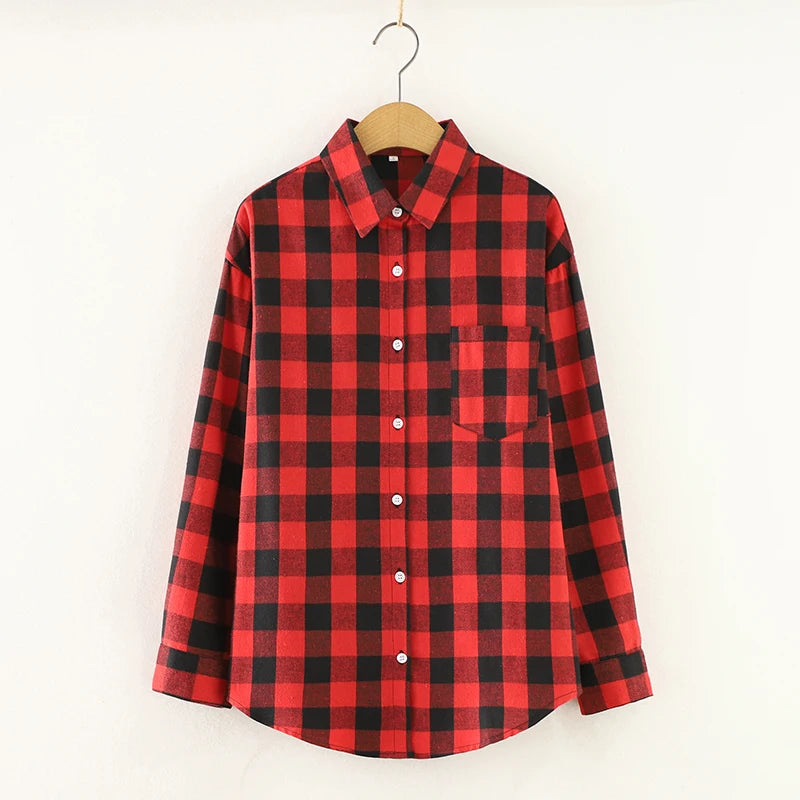 Fresh Flannel Plaid Shirt Women 2026 New Female Blouses and Tops Cotton Loose Long Sleeve Casual Shirts Fine Women's Clothes