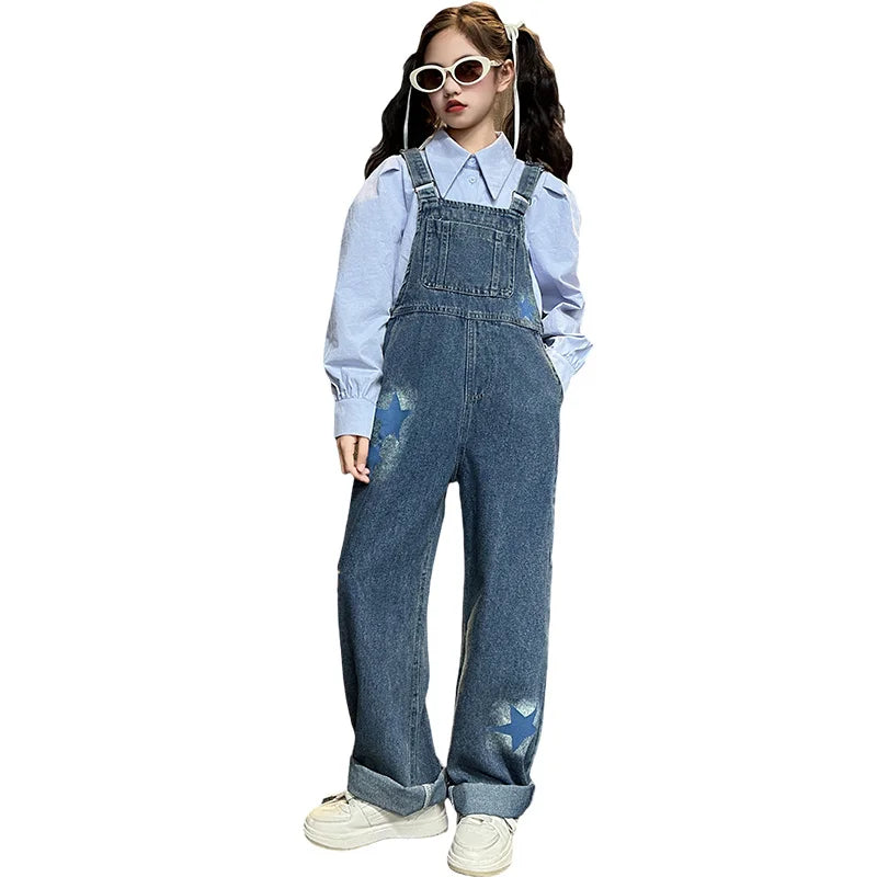 Fashion Children Jeans Overalls for Baby Girls Kids Blue Denim Jumpsuit Suspender Pants with Straps Age 5 6 7 8 9 10 11 12 13 14