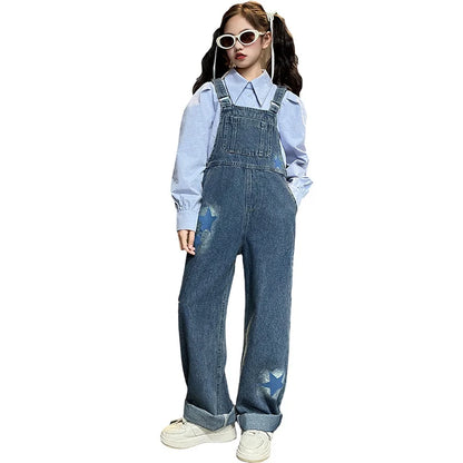Fashion Children Jeans Overalls for Baby Girls Kids Blue Denim Jumpsuit Suspender Pants with Straps Age 5 6 7 8 9 10 11 12 13 14