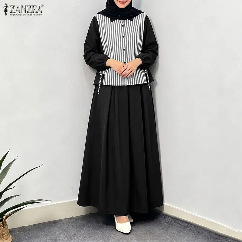 ZANZEA Eid Mubarek Outfits Muslim Sets Hijab Women Long Sleeve Patchwork Shirt Maxi Long Skirt Suit Dubai 2 Pieces Sets Ramadan