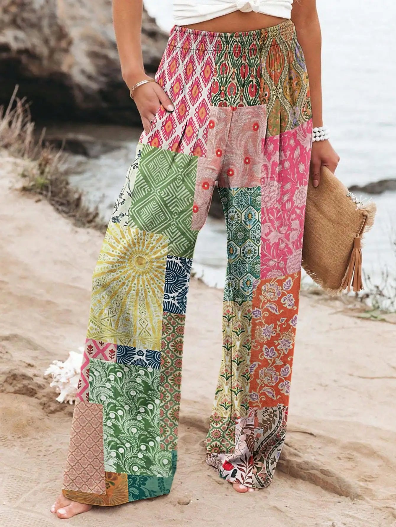2025 Women's New Floral Print Loose Pants Casual Elastic Waist Wide Leg Straight Trousers Drawstring Design Relaxed-Fit Pants