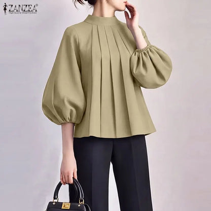 ZANZEA Women 3/4 Lantern Sleeve Blouses Summer Stand Collar Pleated Detailing Solid Color Tops Spring Commute Work Blusas Mujer