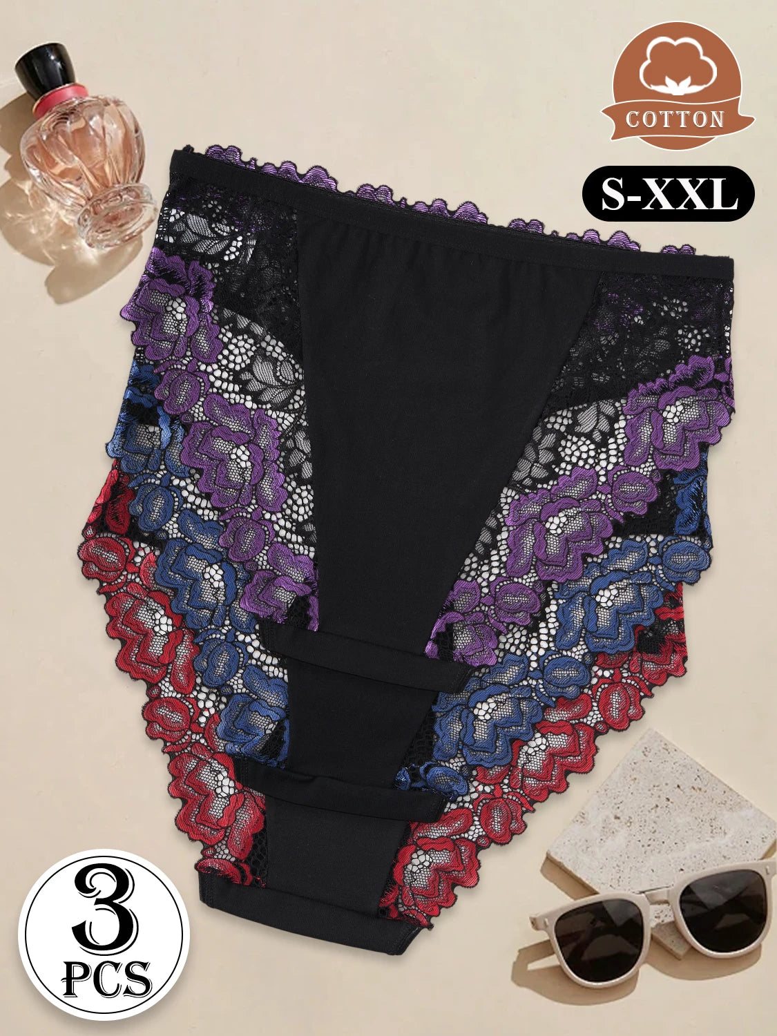3PCS Popular Contrast Lace Floral Cotton Patchwork Panties for Women Hollow Out Lace Trim Sexy Underwear New Comfortable Briefs