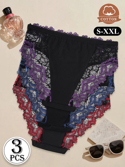 3PCS Popular Contrast Lace Floral Cotton Patchwork Panties for Women Hollow Out Lace Trim Sexy Underwear New Comfortable Briefs