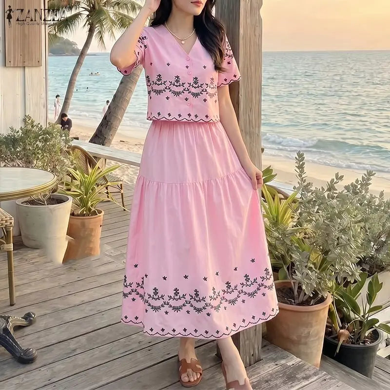 ZANZEA Bohemian 2 Piece Skirts Suits Women Summer Short Sleeve Cropped Shirt & A-Line Maxi Skirt Matching Sets Vacation Outfits