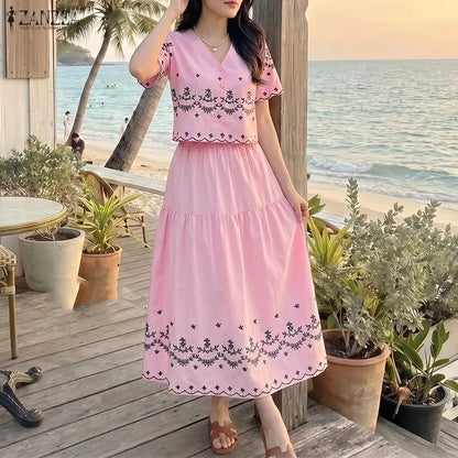 ZANZEA Bohemian 2 Piece Skirts Suits Women Summer Short Sleeve Cropped Shirt & A-Line Maxi Skirt Matching Sets Vacation Outfits