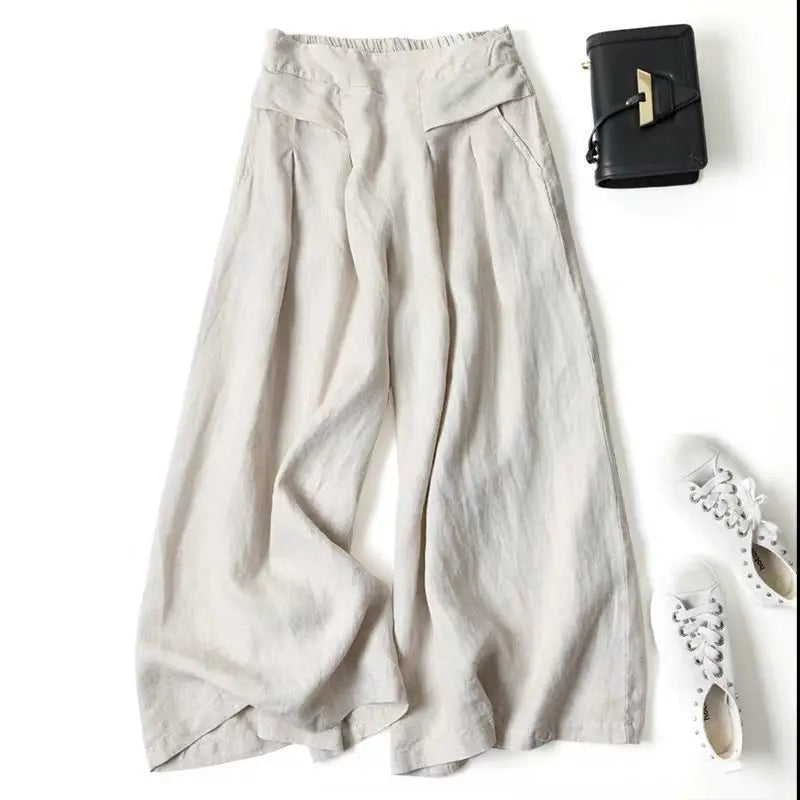 Y2K Lady Nine-point Pants Mid-rise Cotton Linen Wide-leg Large Size Trousers Loose Casual Commuting Daily Wear Tights Sweatpants