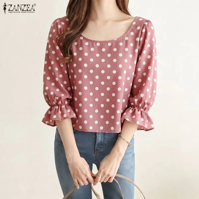 ZANZEA Women's Polka Dot Blouses Elegant Square Neck 3/4 Puff Sleeve Elastic Cuffs Pullover Tops Daily Casual Blusas de Mujer