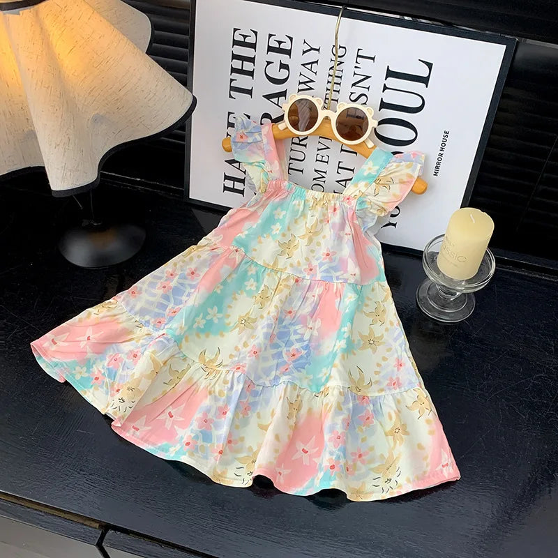2026 Summer Girls Flutter Sleeve Dress Kids Printed Tiered Princess Dresses for 1-12Y Children Vacation Clothes