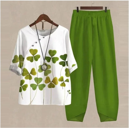 Summer Casual Two Piece Sets Women Loose Short Sleeve T-Shirt High Waist Pants Print Outfits Ladies Elegant Vintage top Pantsuit