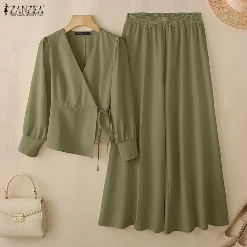 ZANZEA Women Elegant 2 Piece Matching Sets Long Sleeve Wrapped Blouses & Wide Leg Pants 2pcs Suits Casual OL Commute Outfits
