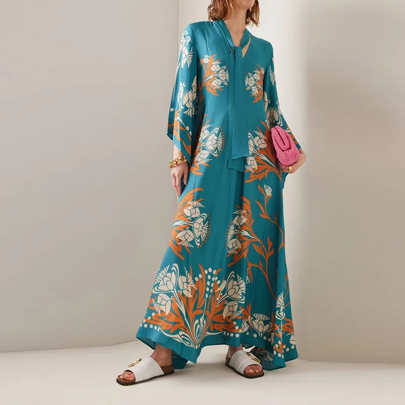 2025 Loose Fit Three Quarter Sleeve Lace-Up Party Dress Women Spring Summer Printing V-Neck Maxi Dress Streetwear Dropshipping