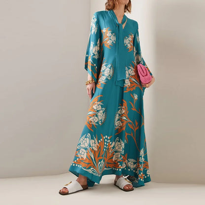 2025 Loose Fit Three Quarter Sleeve Lace-Up Party Dress Women Spring Summer Printing V-Neck Maxi Dress Streetwear Dropshipping